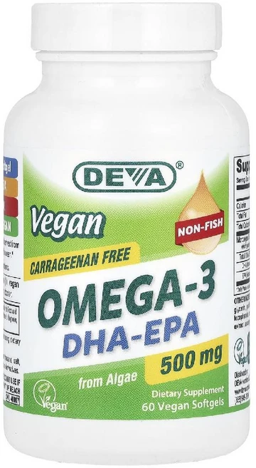 DEVA 데바 비건 오메가-3 DHA EPA 보충제 - 하루 한 번 소프트젤 500mg 카라지난 프리 젤라틴 비생선 오일 지방산 60, 1개 - 쿠팡