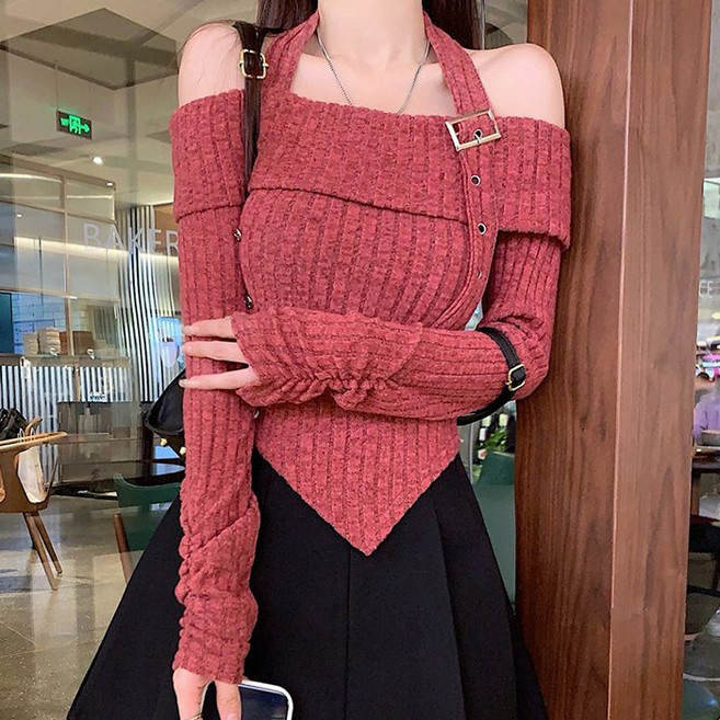 핀디걸 여성 오프숄더 골지 크롭 티셔츠 A-25