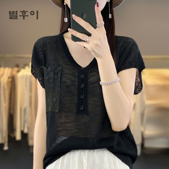 별후이 여성용 여름 데일리 면마 루즈핏 브이넥 반팔 린넨 티셔츠