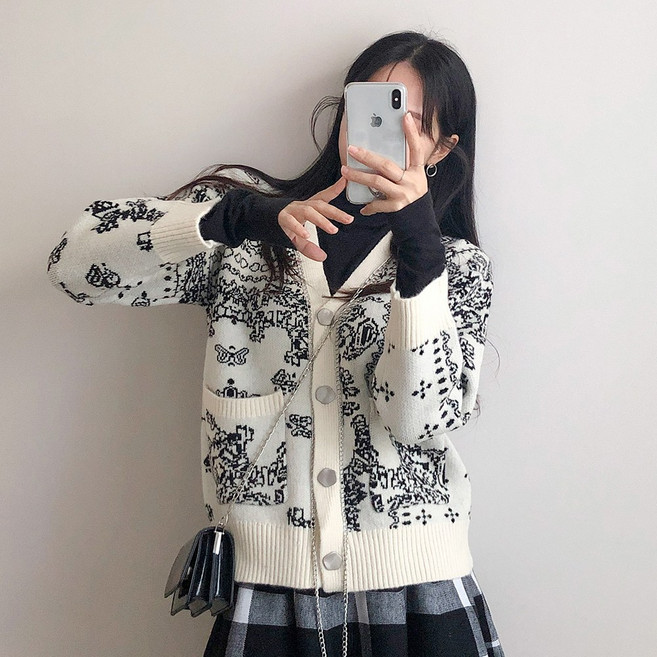 요시아나 [당일발송] 시크무드 고져스 체인장식 에스닉 패턴 가디건