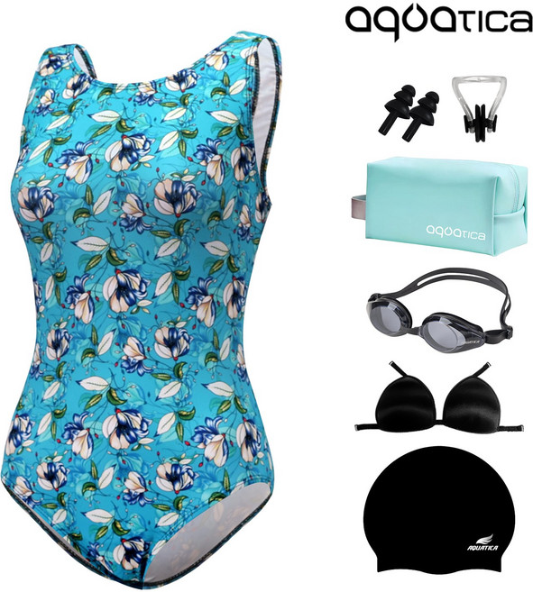 아쿠아티카 여성 미들컷 실내 수영복 AQA1662 일반용수경 파우치 코클립 7종세트