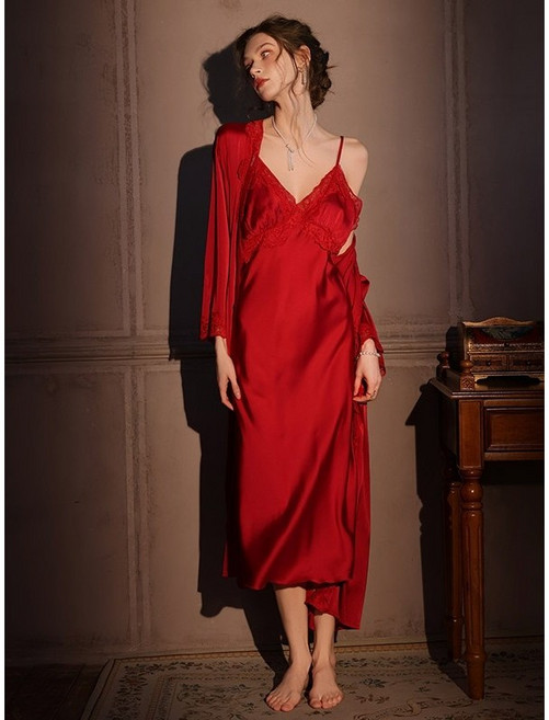 OST-45 여성 프렌치 아이스 실크 롱 가운 홈웨어 잠옷 스트랩 슬립 드레스 투피스세트