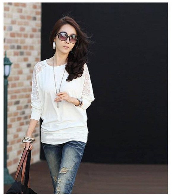 【顯瘦百搭】大碼女裝 T恤 韓版T恤 長袖T恤 打底衫 上衣 寬鬆蝙蝠袖 網紗蕾絲拼接 春秋季內搭 胖MM遮肉