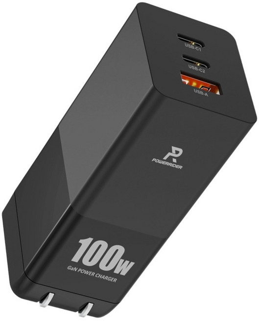 POWERRIDER PD100CA 100W 氮化鎵三孔折疊快速充電器, 黑色, 1個