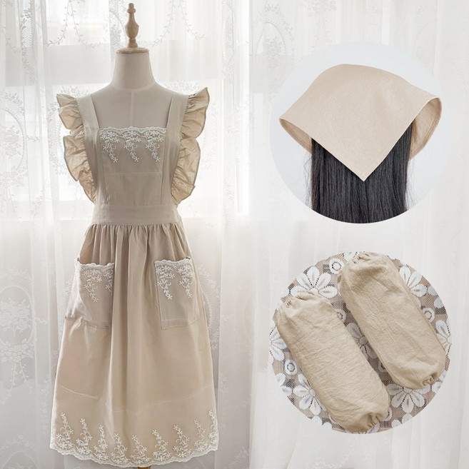 꽃집 이정현앞치마 카페 레이스 앞치마 백지영 아이보리 집들이, 베이지앞치마+두건+소매, 1개