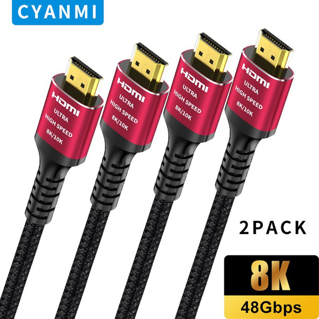 CYANMI 10K 8K HDMI 케이블 2.1 10피트/5M 48Gbps 인증된 48Gbps 고속 3D 8K60 4K120 144Hz 브레이드 HDMI 코드 eARC HDR10, 2PACK, 5미터