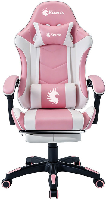 Koaris 게이밍의자 인체공학 의자 135도 리클라이닝 접이식 발받침 360도 회전 높이조절 게임용 사무용 의자, 화이트+핑크