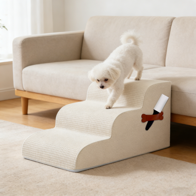 강아지계단 3단 논슬립 슬개골보호 미끄럼방지 애견 쇼파계단 커브 스텝, 1개, 화이트