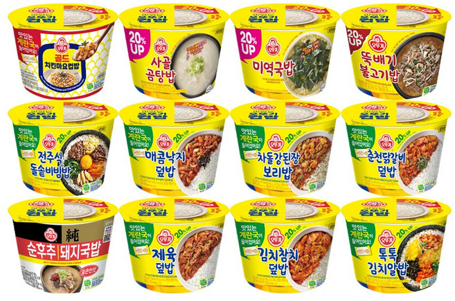 오뚜기 컵밥 12종세트(미역국밥+사골곰탕밥+뚝불+얼큰순후추돼지국밥+톡톡김치알밥+차돌강된장+치킨마요+김치참치+제육덮밥+춘천닭갈비+매콤낙지+돌솥비빔), 3.352kg, 1세트