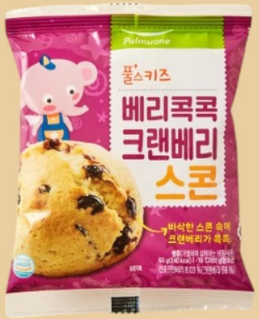 풀무원 디저트 사무실 우리아이 간식 베리콕콕 크랜베리스콘 55g, 1개