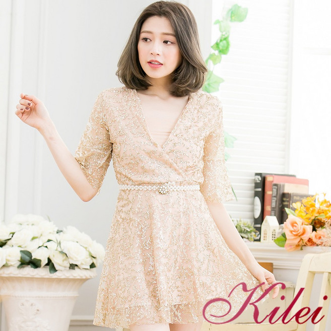【Kilei】女裝 V領小亮片貼紗五分袖洋裝XA3365-01 全尺碼, 繽紛金