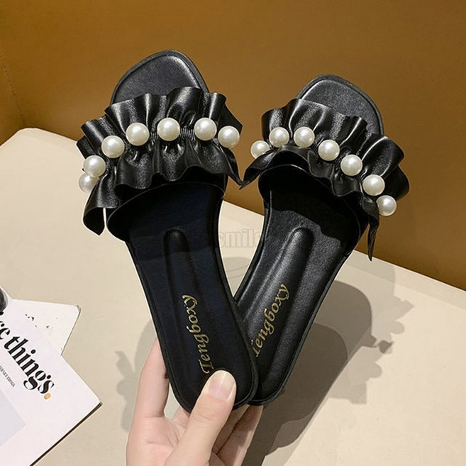 Krismile 여성 여름 슬리퍼 패션 빅사이즈 플랫 미끄럼 방지 진주 슬리퍼 데일리 캐주얼 슬리퍼 X2504A12