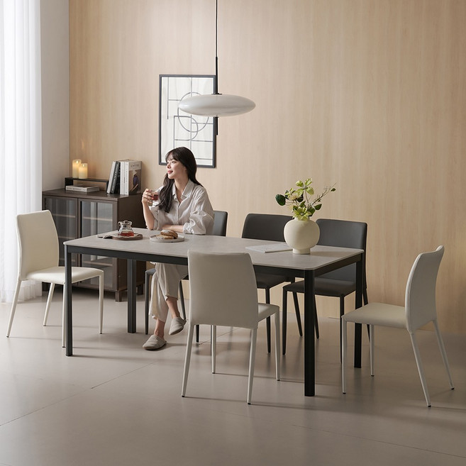 (한샘몰pick) 보니애 나폴리 포세린 세라믹 식탁세트 6인용 1800 (벤치형/체어형 선택), 의자6(웜화이트+머드그레이)ZOS7551ZOE(J)