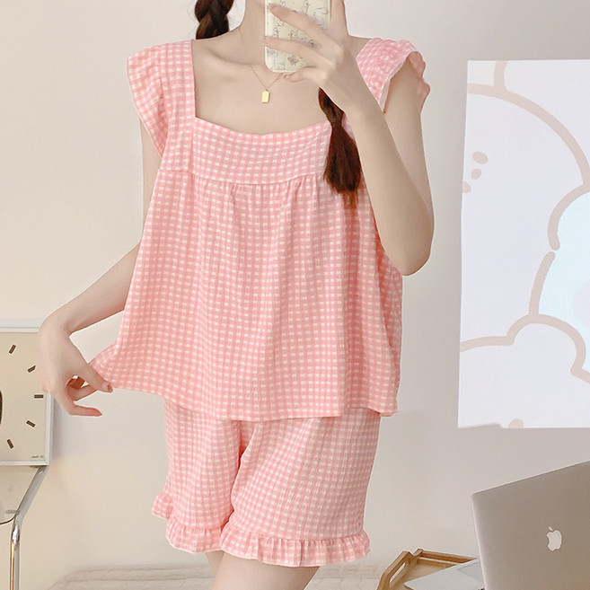 야오야오 여성용 체크 프릴 나시 투피스 면 잠옷 세트