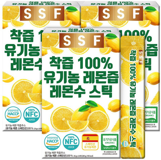 유기농 레몬즙 레몬수 스틱 100% 착즙 원액, 280g, 3개