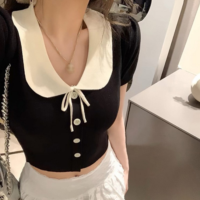 AOKADA 여성 크롭 반팔 블라우스 배색 카라 버튼 장식 러블리 반팔티 데일리 슬림핏 반소매 티셔츠