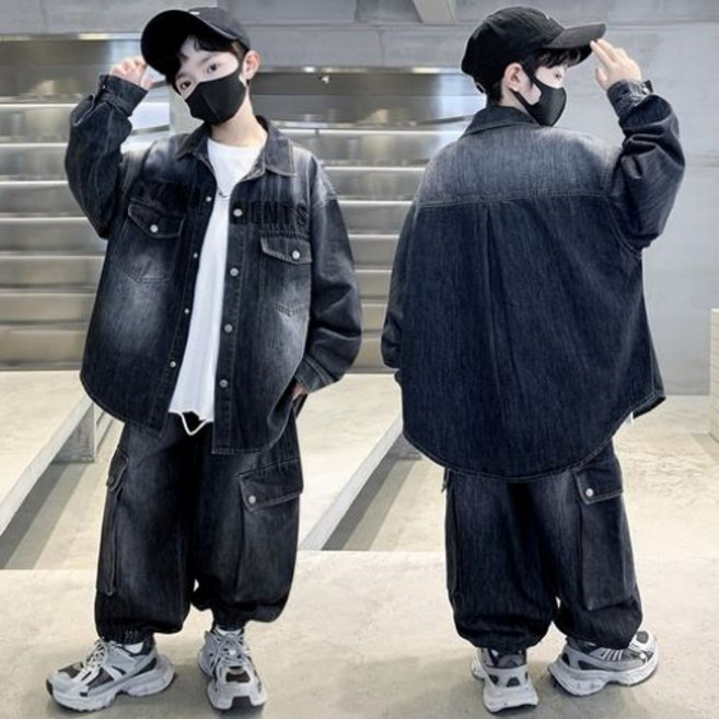 키즈목마 남아 레터링 자수 빅포켓 데님 셔츠 상의 초등학생 하의 주니어 봄 가을 자켓+데님팬츠 세트 777