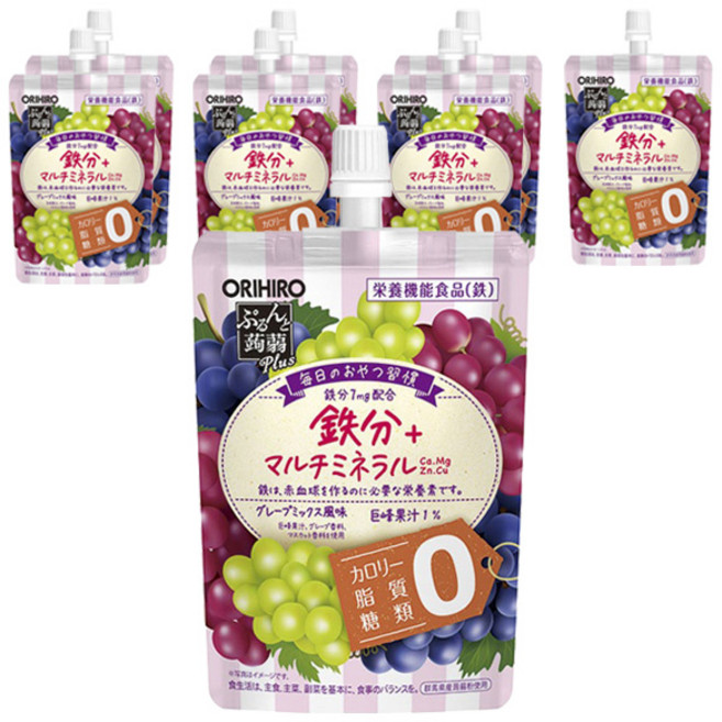 오리히로 탱글 곤약 플러스 철분 + 멀티 미네랄 그레이프 믹스 풍미 젤리, 130g, 8개