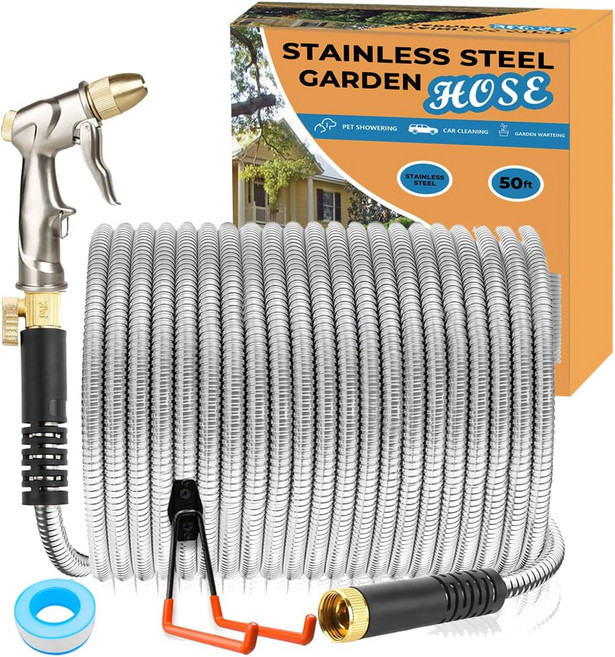 스테인리스 정원용 호스 50ft 세트 황동 노즐 거치대 포함 꼬임 방지 메탈 경량 방수 펑크 세차용 고성능 원예용 마당 관리 용품 강력 분사 헤드 내구성 좋은 수도 연결