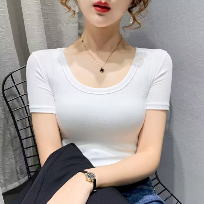 螺紋棉U領短袖T恤女緊身上衣 夏季新款修身純色彈力打底衫