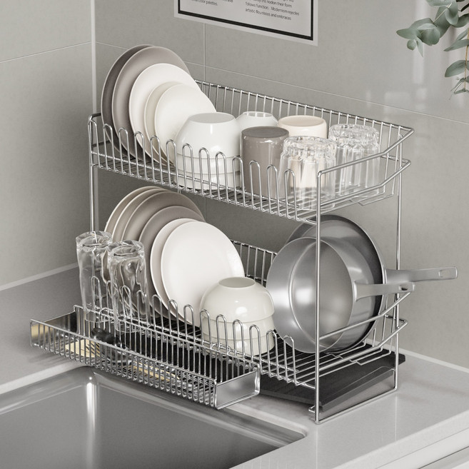 라라밤 올스텐 자동 물빠짐 초슬림 식기건조대 세트, 2단, 1세트