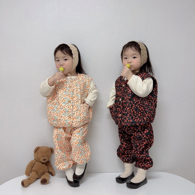 팅글탱글스토어 꽃조끼세트 겨울 도톰한 유아 상하세트 할매 아이린