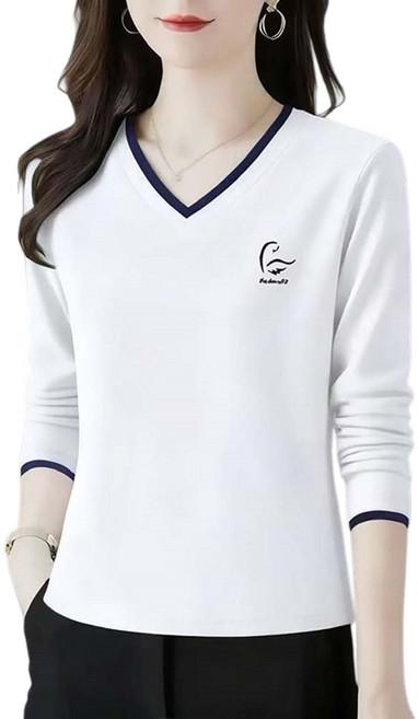 WANGBAIWAN 가을 순면 긴팔 티셔츠 여성 브이넥 이너 하이웨스트 정장 어깨 루즈 캐주얼 상의 Z020709