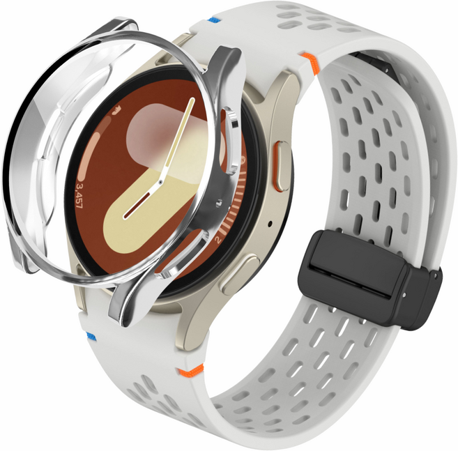포근루프 갤럭시워치 호환 날개형 스포츠 실리콘 스트랩 타공 디버클 밴드 + PC 케이스, 라이트 그레이 + 실버