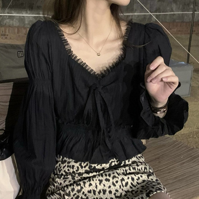 cammello 스모크 디테일 프릴 리본 크롭 블라우스 봄가을 긴팔 하객룩