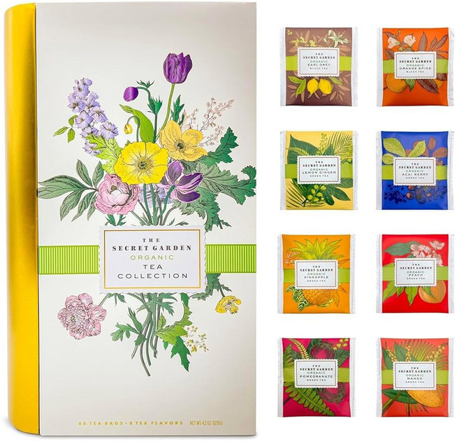 프리미엄 티백 80팩 러 디자이너 양철책 세트 10가지 맛별 다양한 이국적인 과일 허브 블랙 및 녹차 개별 포장 8가지, 10 Organic Tin Book Gift Set r