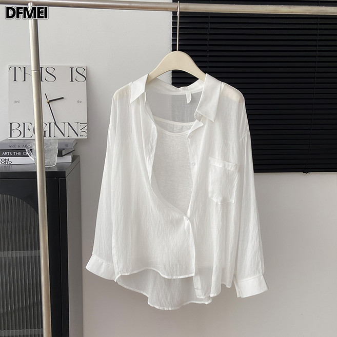 DFMEI 法式防曬天絲襯衫女夏薄款小清新甜美上衣吊帶兩件套防曬襯衣