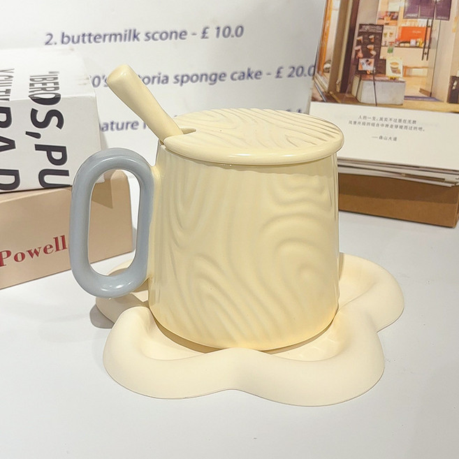 마카롱 도자기 컵 창의적인 나뭇결 마크컵 가정용 귀여운 컵 사무용 컵 아침식사 컵, 320ML, 도자기 나뭇결 컵(연한 노란색 + 뚜껑 + 숟가락), 1개