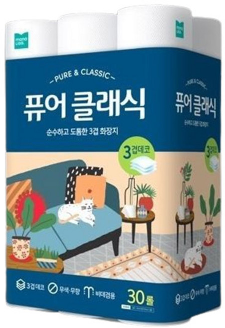 모나리자 퓨어클래식 화장지 3겹데코 25m, 1개, 30롤, 25cm