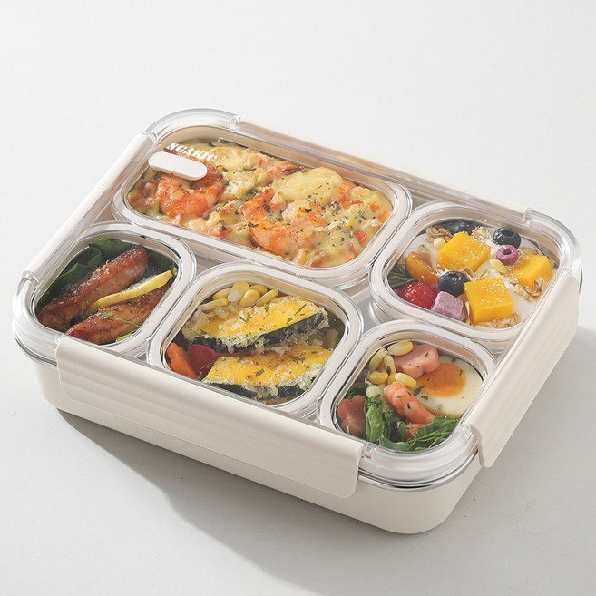 직장인 전자레인지 도시락통 나눔 밀폐 스텐 반찬통 소풍 식판 런치박스, 1490ml  5칸 백색, 1개