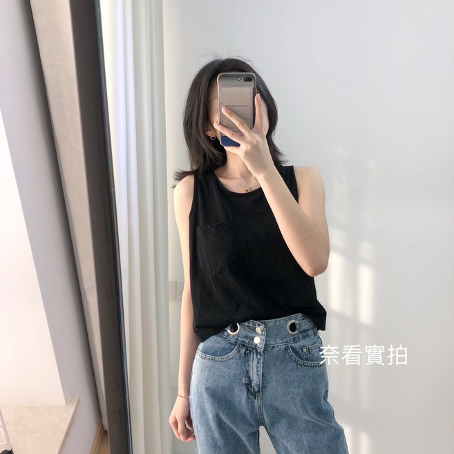 奈看服飾 竹節棉工字無袖背心 - 100%棉 透氣可單穿, 黑色(口袋款）,M碼, 黑色(口袋款）