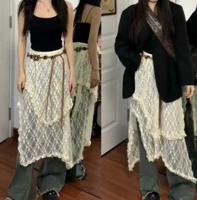 레이스랩스커트 롱랩스커트 시스루 레이어드 레이어드 랩스커트 언발 망사