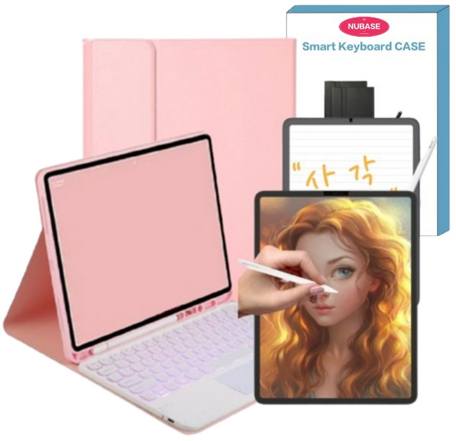 NUBASE 아이패드 m4 애플펜슬 수납 키보드 커버 케이스 한국어자판 블루투스 키보드, 01. 핑크, 1개