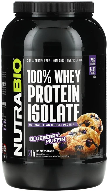 NutraBio 100% 분리 유청 단백질 블루베리 머핀 2 lb (907g), 1개, 907g, 907g - 쿠팡