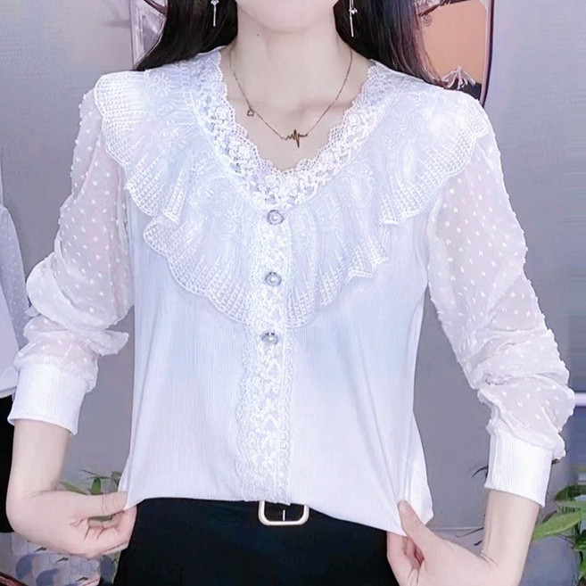 쉬폰 블라우스 예쁜 레이스 트리밍 긴팔 셔츠 중년여성용 루즈핏 시스루 망사 상의 봄여름