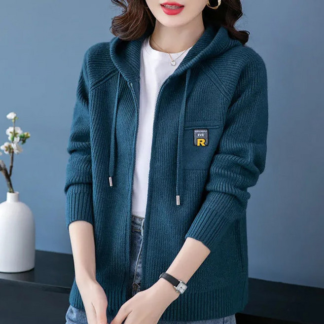 ROYALBELLE 여성 후드 지퍼 루즈핏 데일리 도톰한 니트 캐주얼 보온 가디건 K0111725