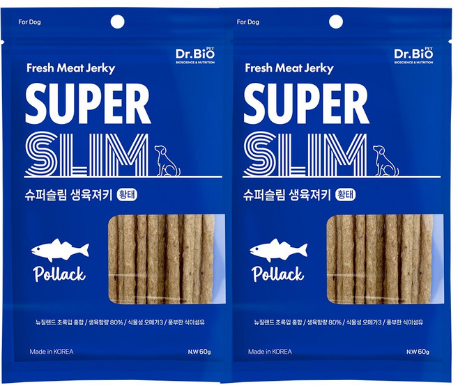 닥터바이오펫 슈퍼슬림 생육져키 강아지 육포스틱 간식 4종, 2개, 60g, 황태