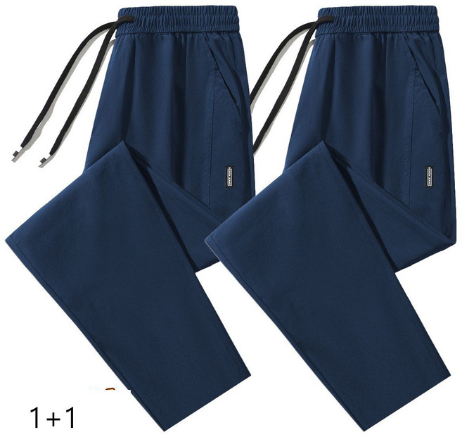 1+1 캐주얼 중년 남자 긴바지 캐주얼 팬츠 2팩 세트 편안한 밴딩 허리 투포켓 디자인 실용적인 기본 스타일 JS