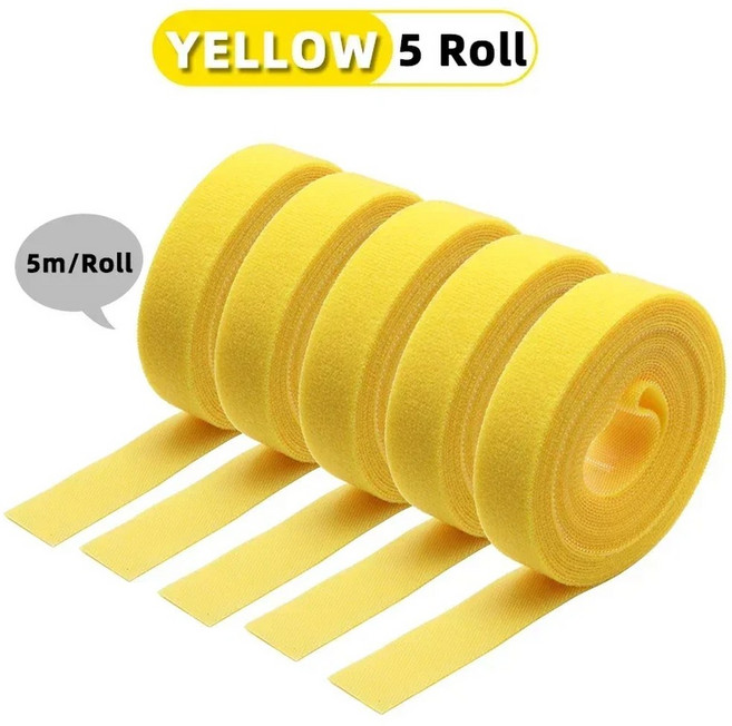 키보드스킨 재사용 루프 번들 자체 접착 케이블 전선가리개 타이 DIY 나일론 스트랩 정리 클립 와이어 홀더 관리 롤당 5m, Width 10mm, [15] Yellow x 5 rolls, 1개
