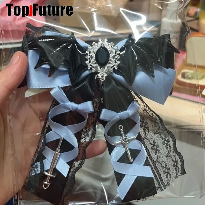 Y2K 소녀 하라주쿠 고딕 로리타 레이스 박쥐 날개 펑크 리본 레이스 블링 헤어 액세서리 활 포니 테일 머리