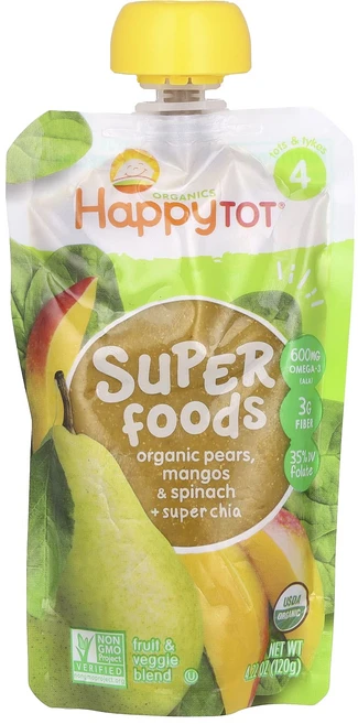 Happy Family Organics HappyTot 슈퍼푸드 유기농 배 망고 & 시금치 + 슈퍼 치아 120g(4.22oz), HappyFamilyOrganicsHappyTot슈퍼푸, 120g - 쿠팡