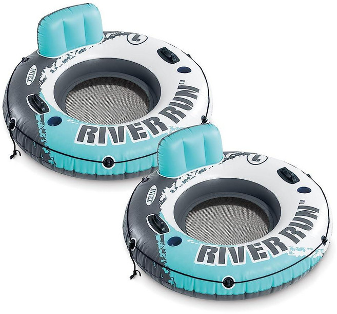 INTEX 56825EP River Run 1 공기 주입식 플로팅 라운지: 등받이 - 내장 컵 홀더 그랩 핸들 로프 99.8kg(220파운드) 용량 색상은 다를 수 있음 (2팩, INTEX 56825EP River Run 1 공기 주