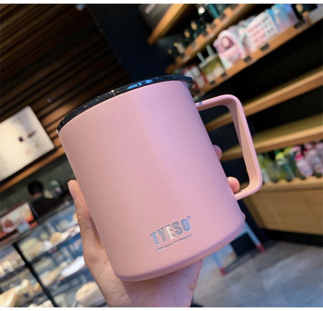 TYESO 304不鏽鋼保溫馬克杯 400ml 附手柄咖啡杯 辦公室便攜多色水杯, 1個, 粉色