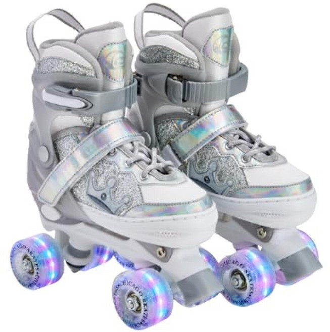 Chicago Skates Glitzy 아동용 롤러 스케이트 몬스터 트럭 - 조절 가능한 여아 남아용 라이트업 휠 내구성 있는 초보자 쿼드 스케이트 프론트 스토퍼 편안함, 프린세스