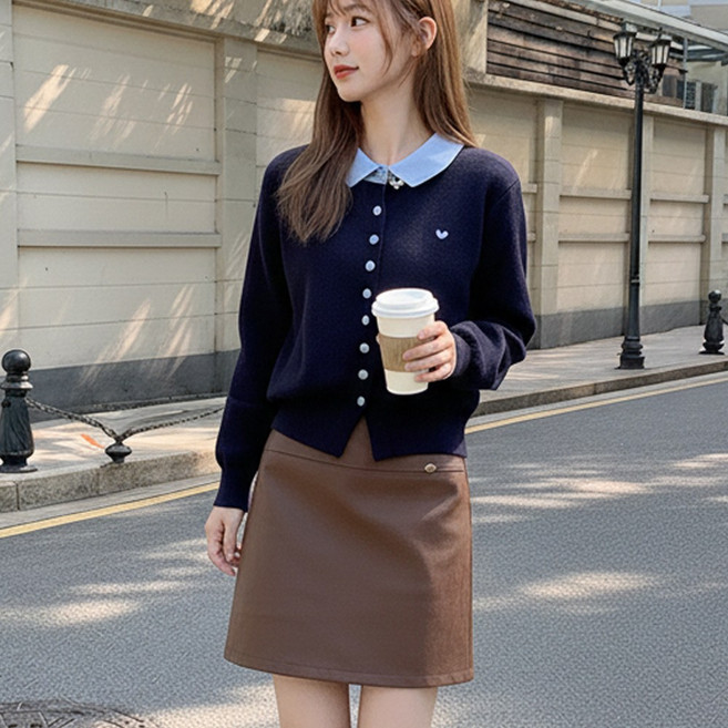여성용 하트 자수 배색 카라 가디건 니트 긴팔 티셔츠