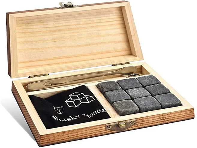 위스키 스톤 세트 9개의 천연 고급 나무 상자 버번 애호가를 위한 선물로 제격, 01 9pcs Box Gray